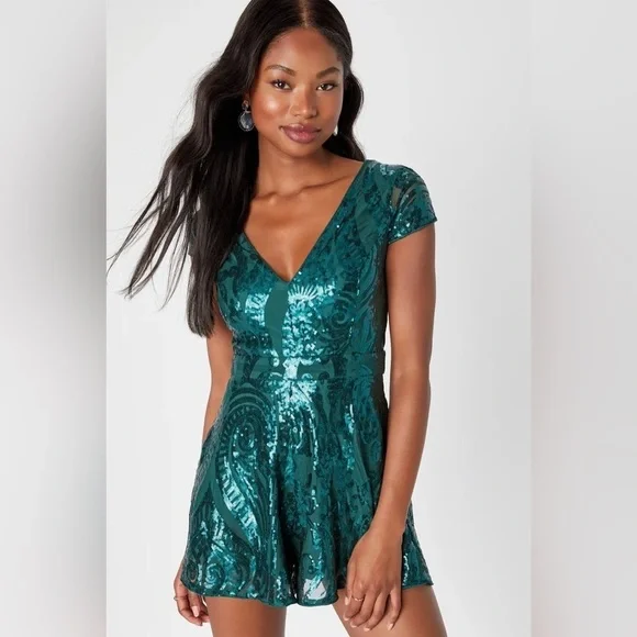slim fit dress slacks She Shines Green Sequin Romper